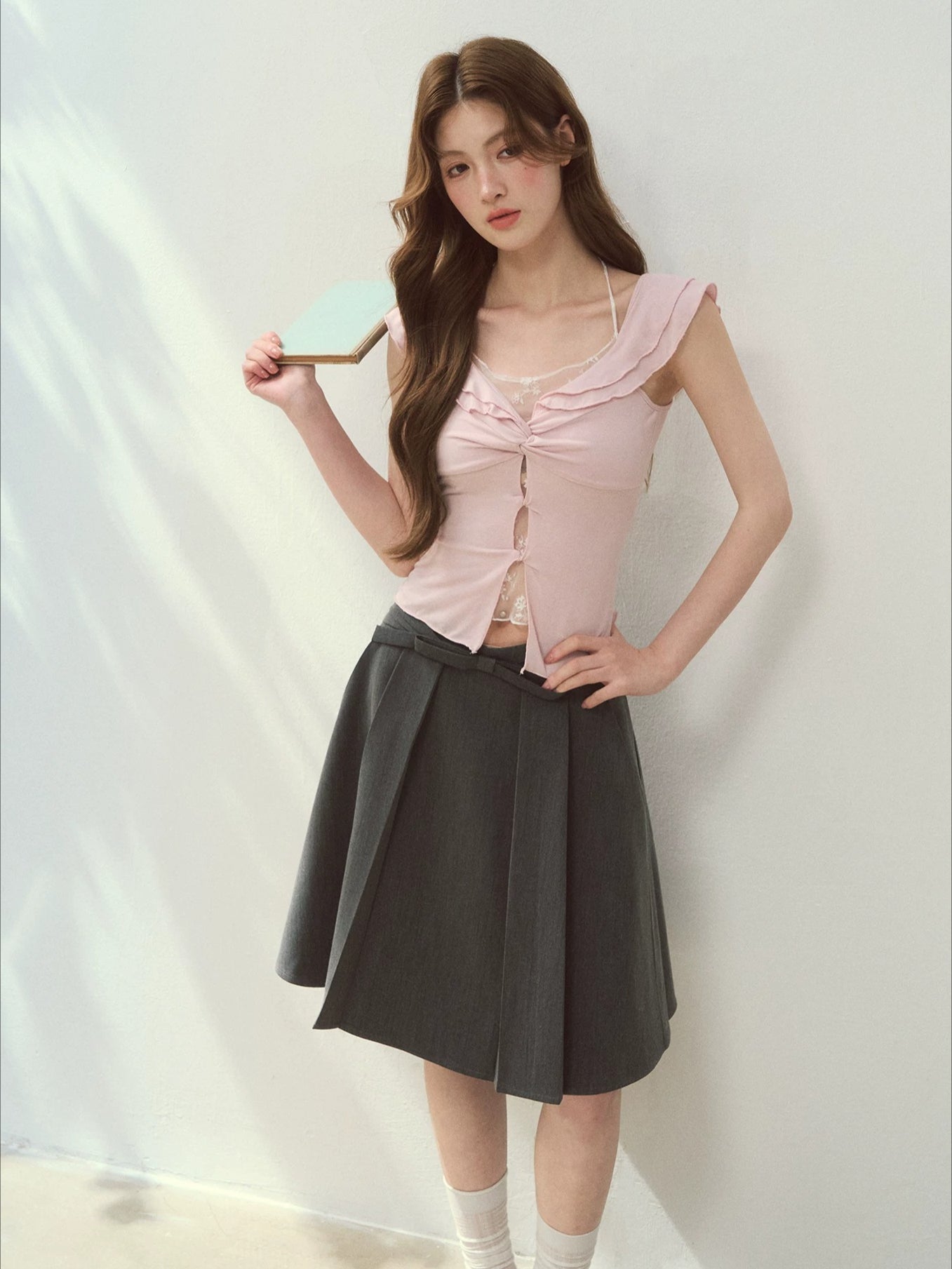 Pink &amp; Gray Ruffle Trim Blouse