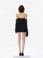 Halter Ruched Bell Sleeve Mini Dress