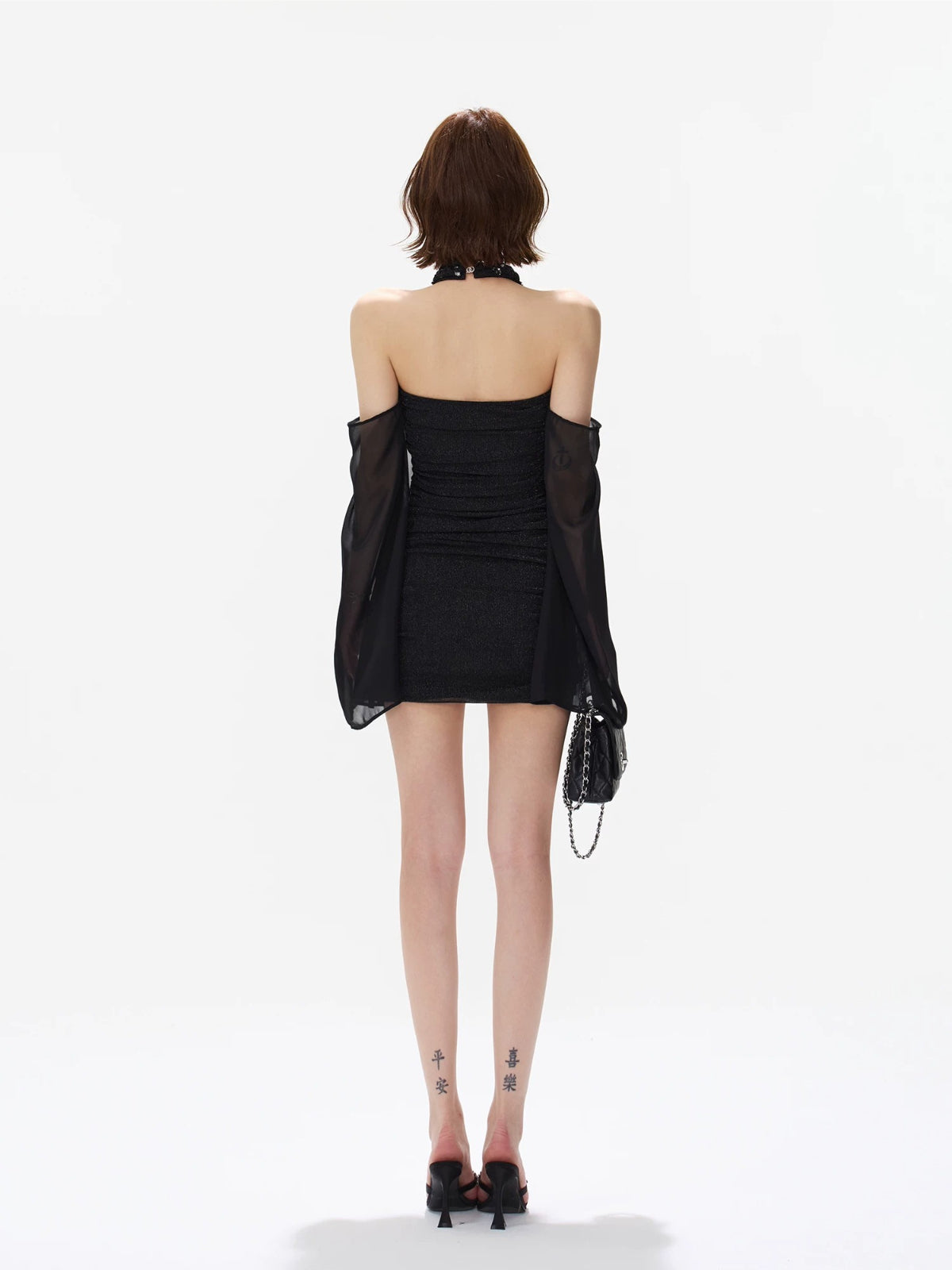 Halter Ruched Bell Sleeve Mini Dress