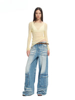 Washed Twill Denim Whisker Wide-leg Jeans