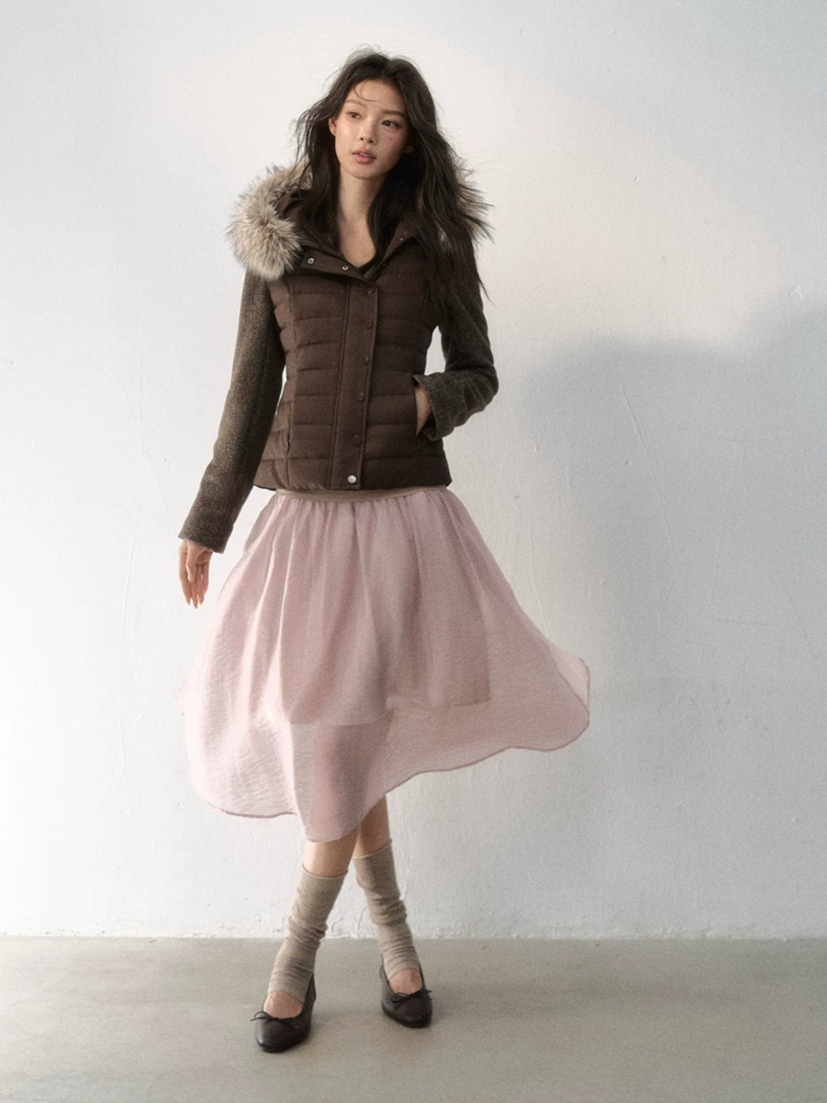 Fur-Trimmed Hooded Panelled Down Jacket
