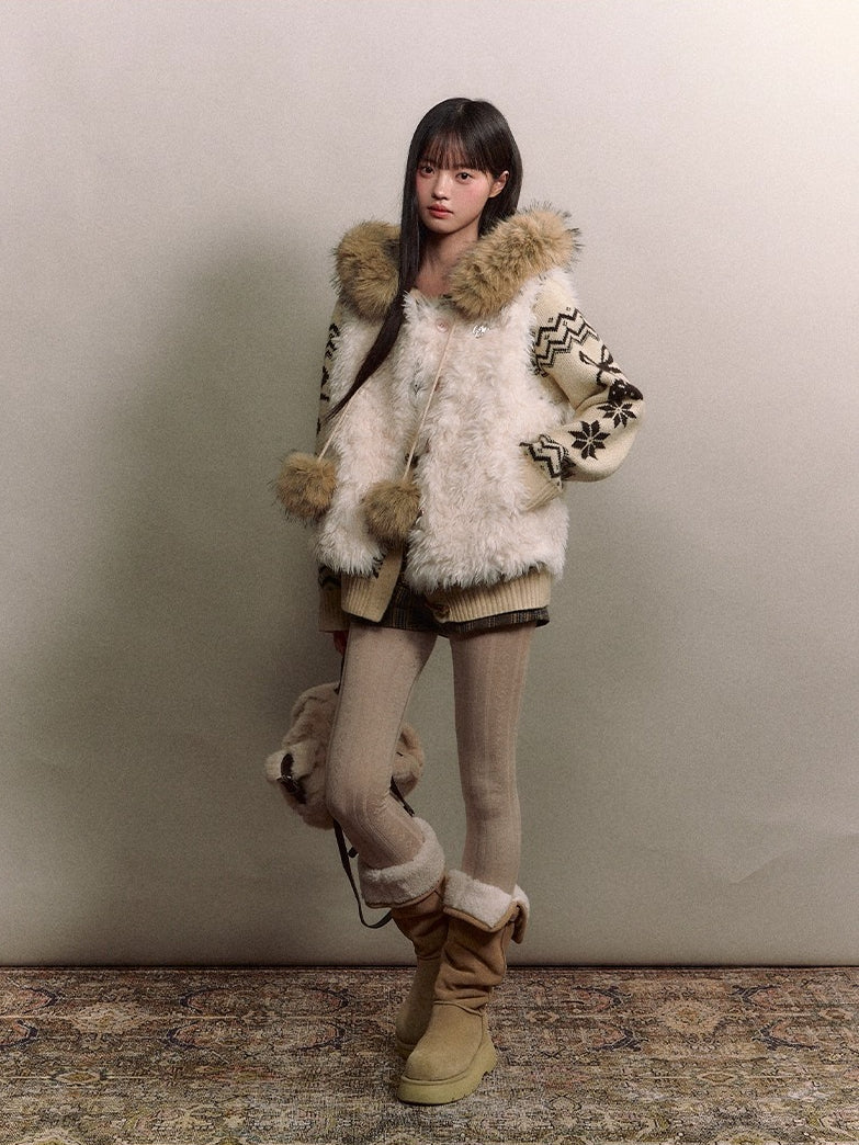 Fair Isle Fur Collar Toggle Knit Coat