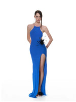 Blue Cross-Back Halter Maxi Dress