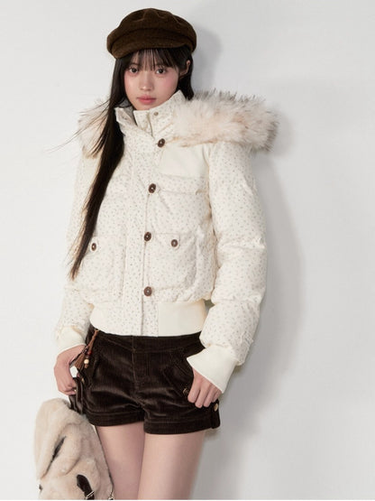 Faux Fur Collar Plaid Down Jacket