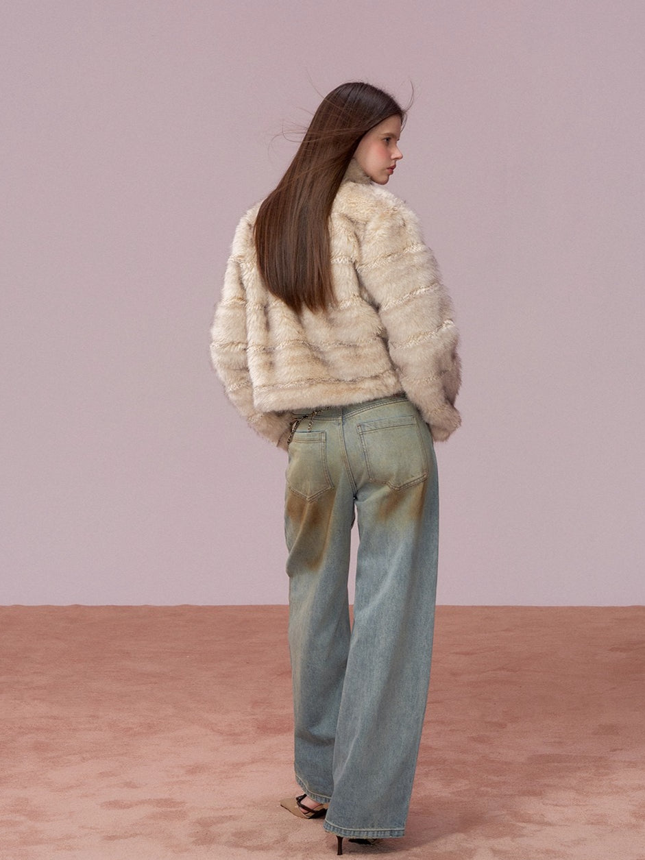 Apricot Double-Breasted Fur Jacket