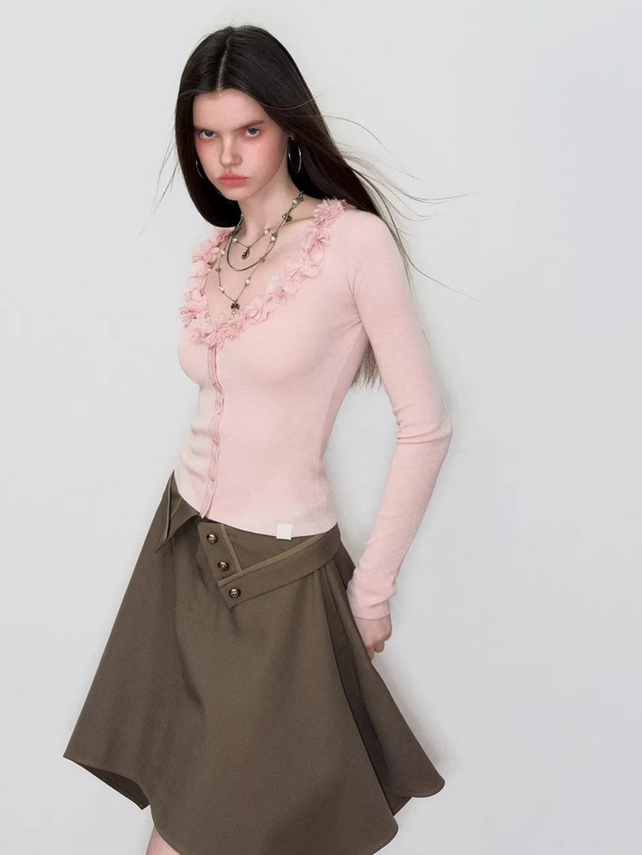 Ruffle V-Neck Knit Cardigan