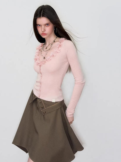 Ruffle V-Neck Knit Cardigan