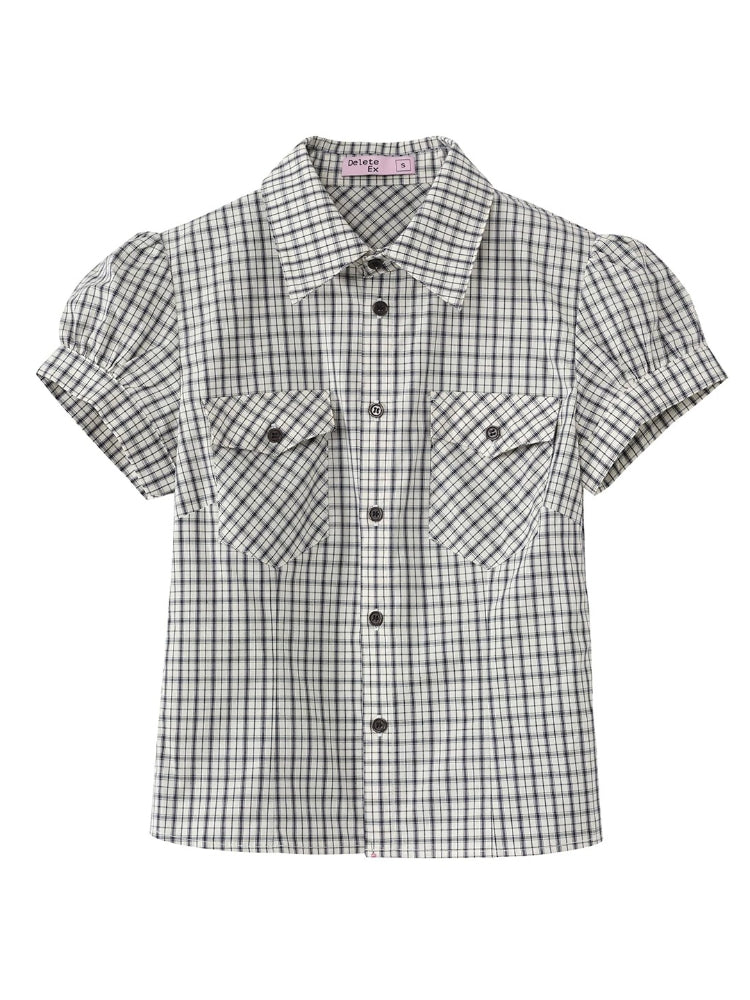 Black Gingham Puff Sleeve Shirt