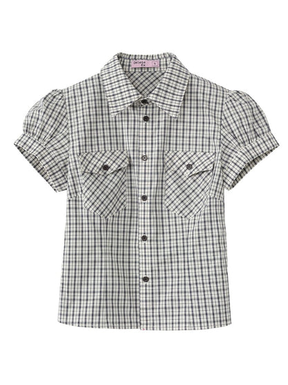 Black Gingham Puff Sleeve Shirt