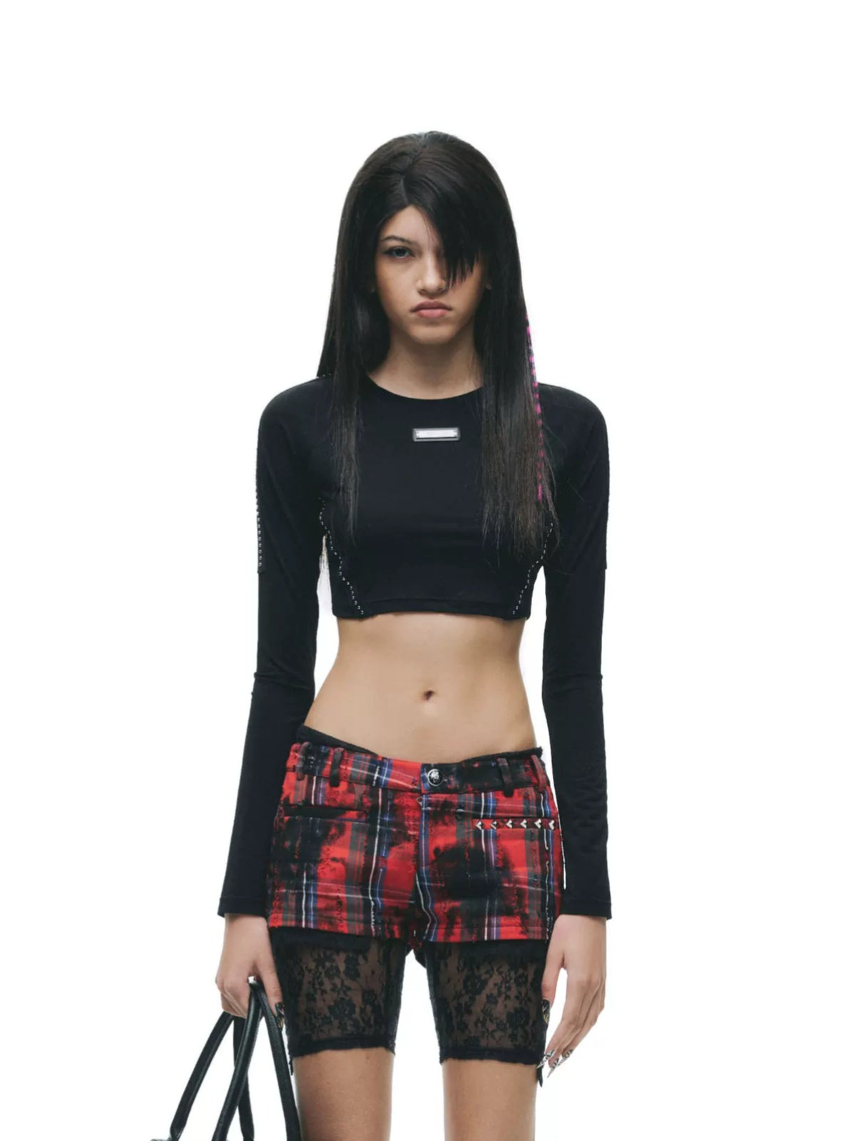 Studded Contrast Stitch Cropped Top