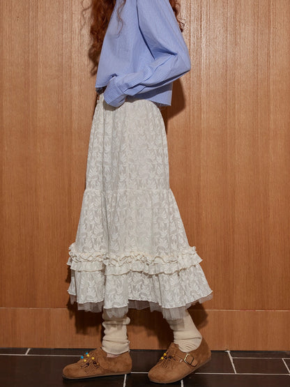 Jacquard Ruffle Layered Midi Skirt