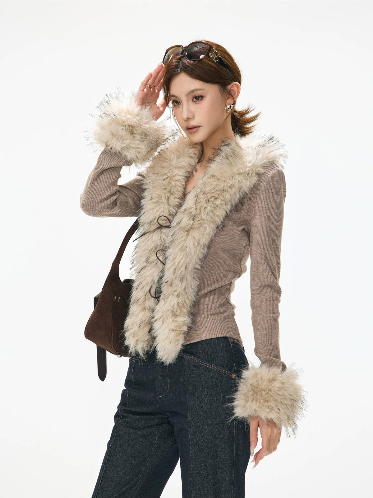 Faux Fur Collar Knit Cardigan Top