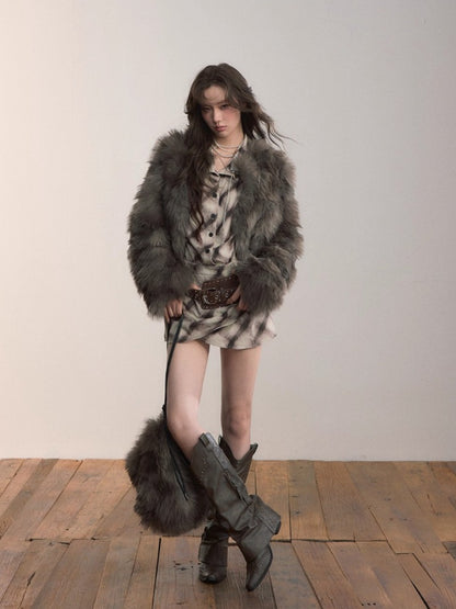 Short PU Leather Faux Fur Collar Coat