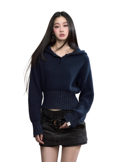 Hooded Ribbed Cropped Sweater