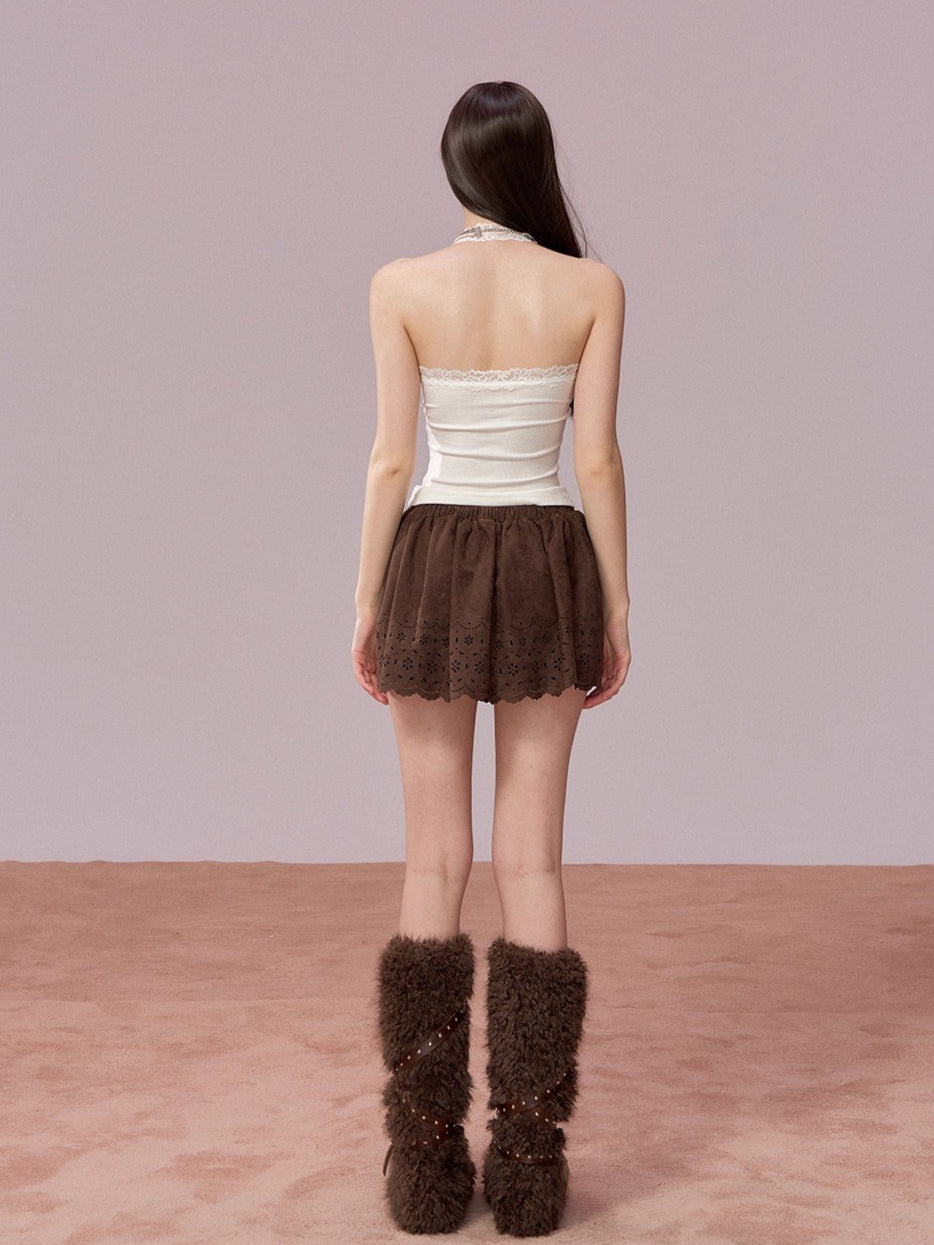 Embroidered Faux Suede A-Line Skirt