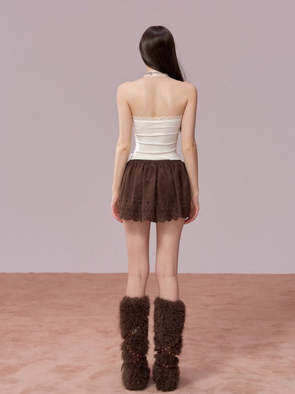 Embroidered Faux Suede A-Line Skirt