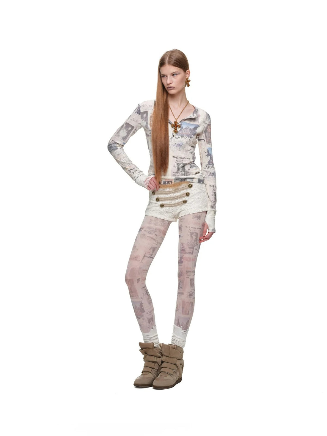 Cat Newspaper Print Henley Top