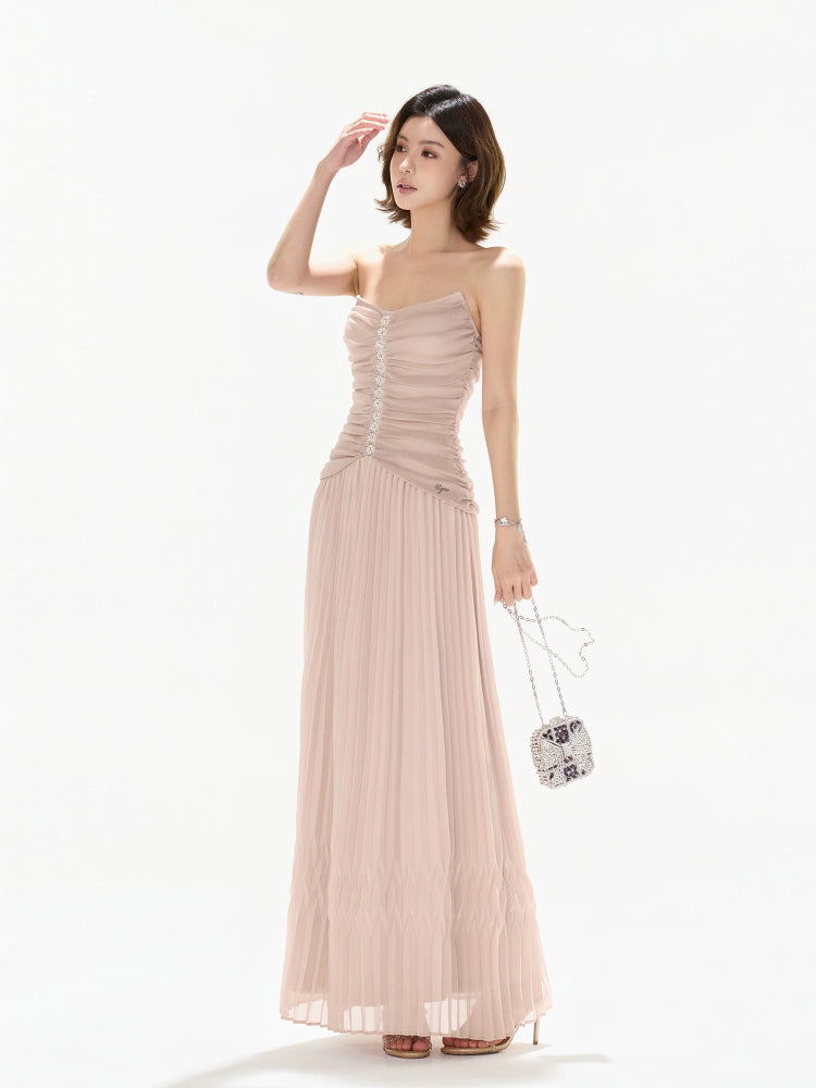 Pleated Mesh Maxi Dress