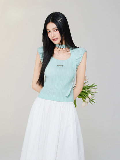 Bubble Sleeve Small Square Neck Knitted Top