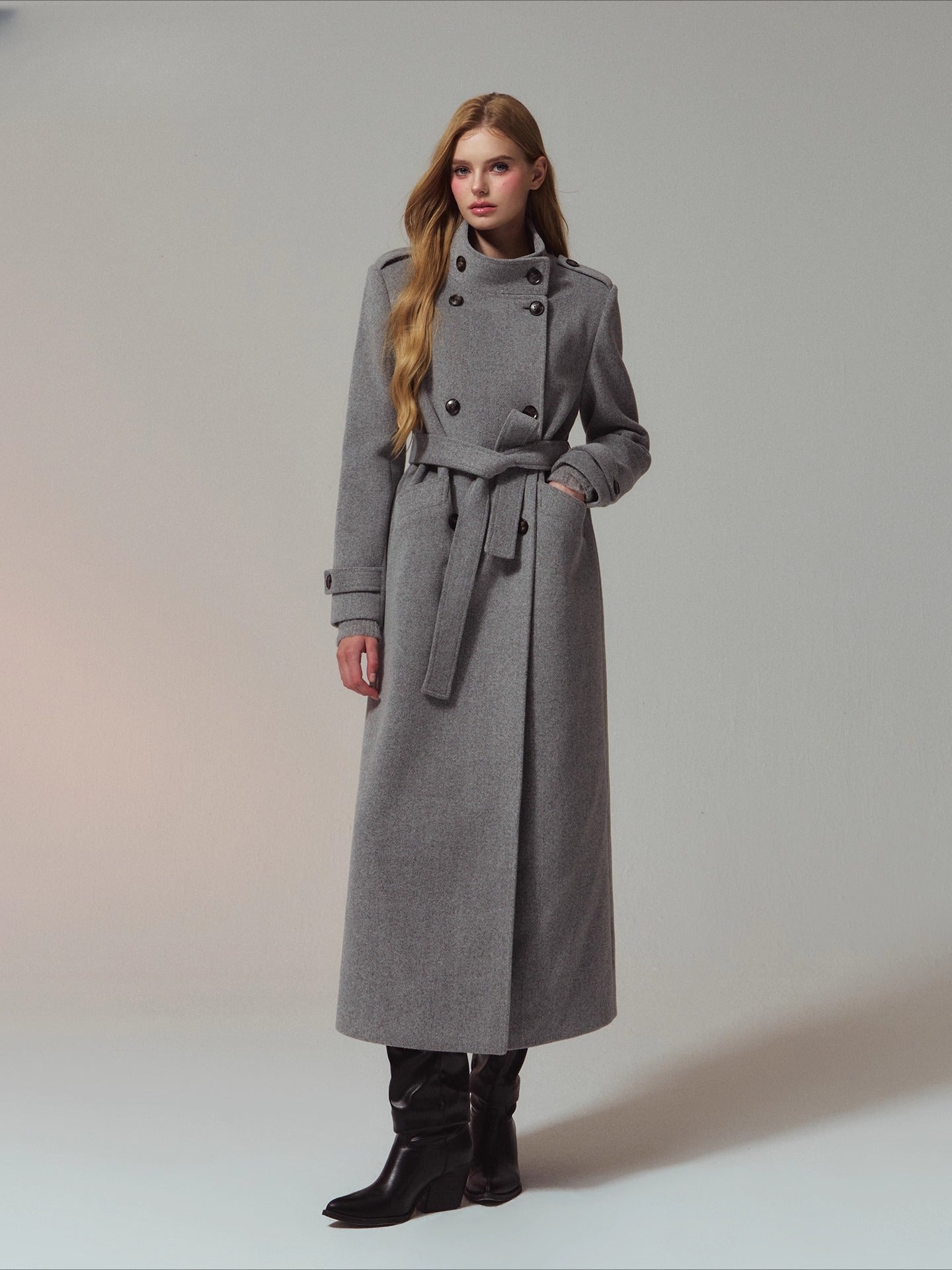 Structured Epaulette Stand-Collar Wool Long Coat