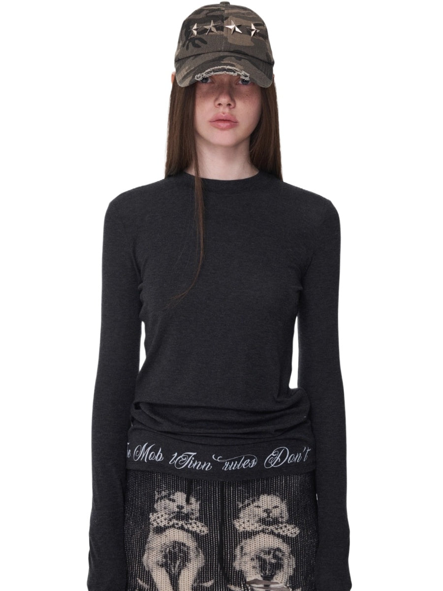 Basic Letter Print Semi-Sheer Long Sleeve Tee