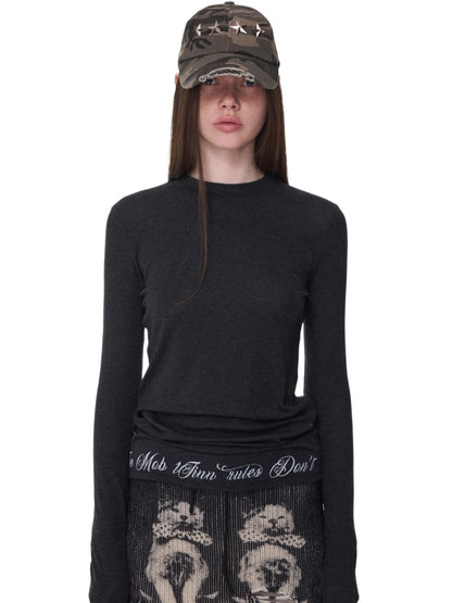 Basic Letter Print Semi-Sheer Long Sleeve Tee