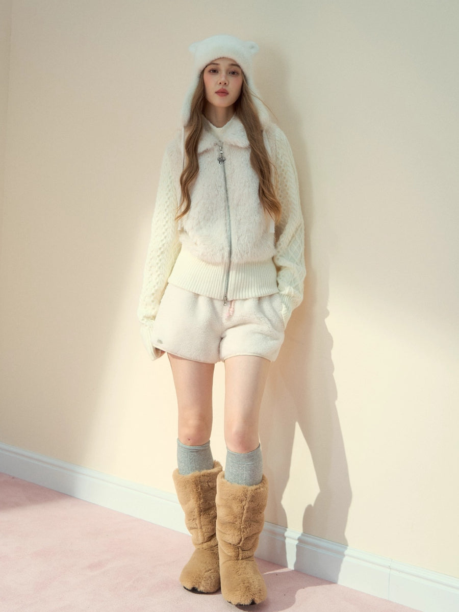 Peter Pan Collar Fleece-Lined Faux-Fur Paneled Jacket