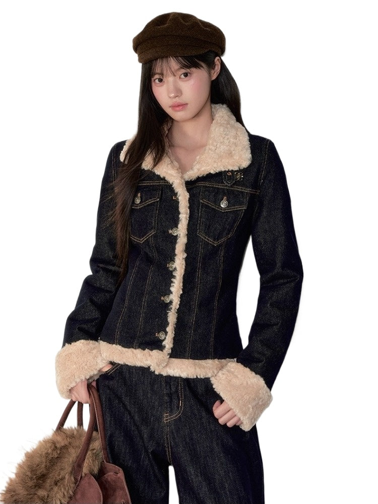 Denim Panel Fur-Trim Down Jacket