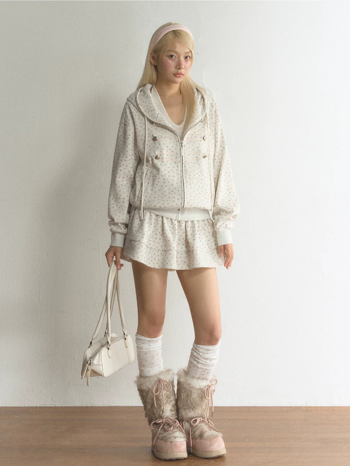 Floral Military Detail Zip-Up Hoodie
