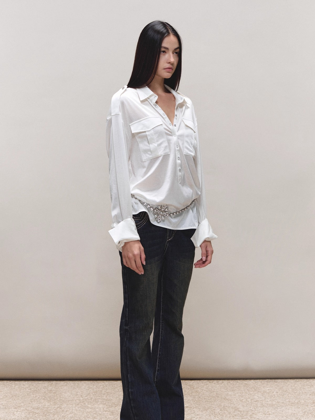 Satin-Sheen Knit Utility Shirt