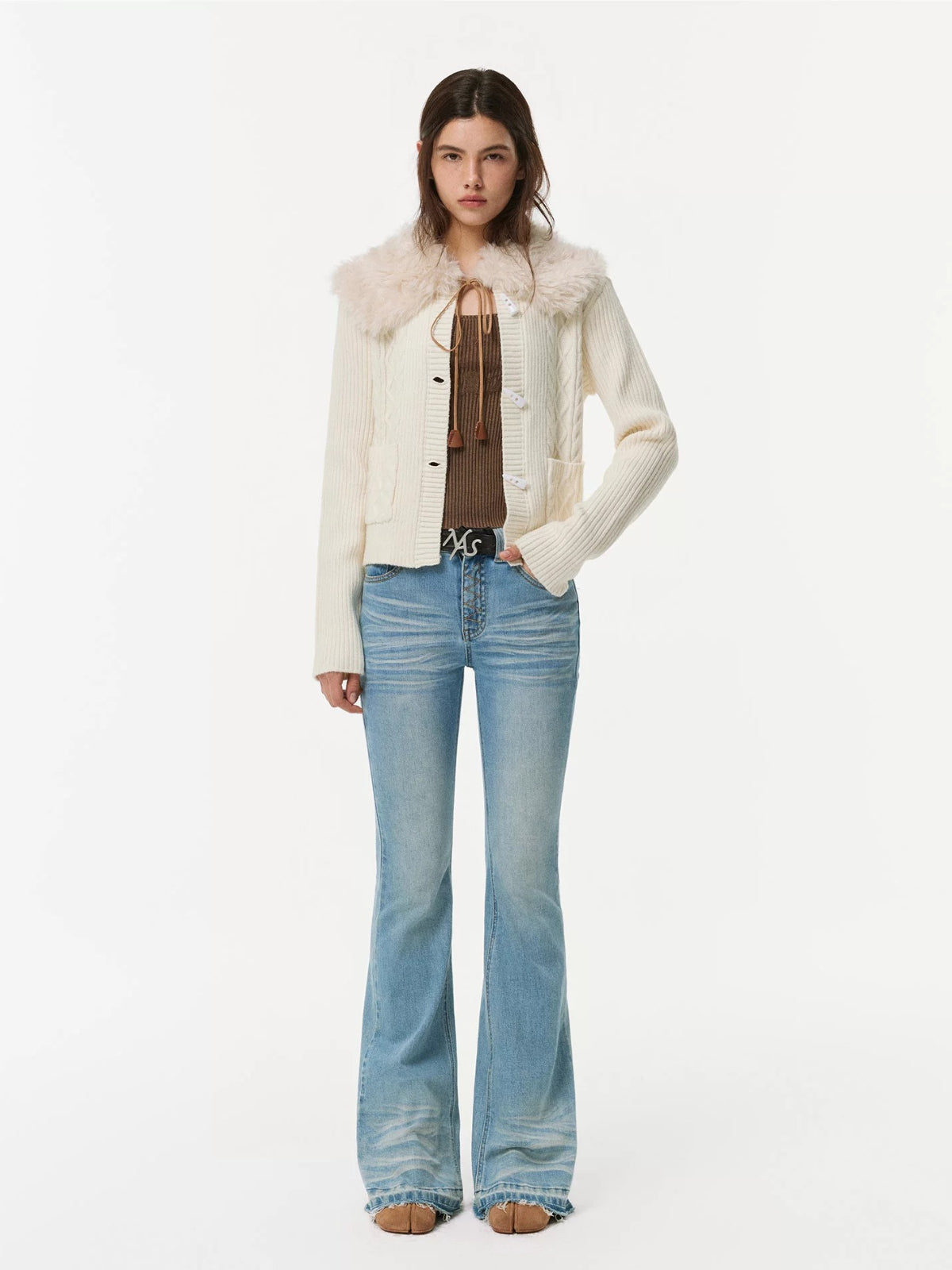 Alpaca Fur Collar Horn Button Cardigan