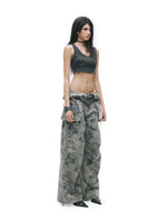 Washed Camouflage Double Waist Jeans