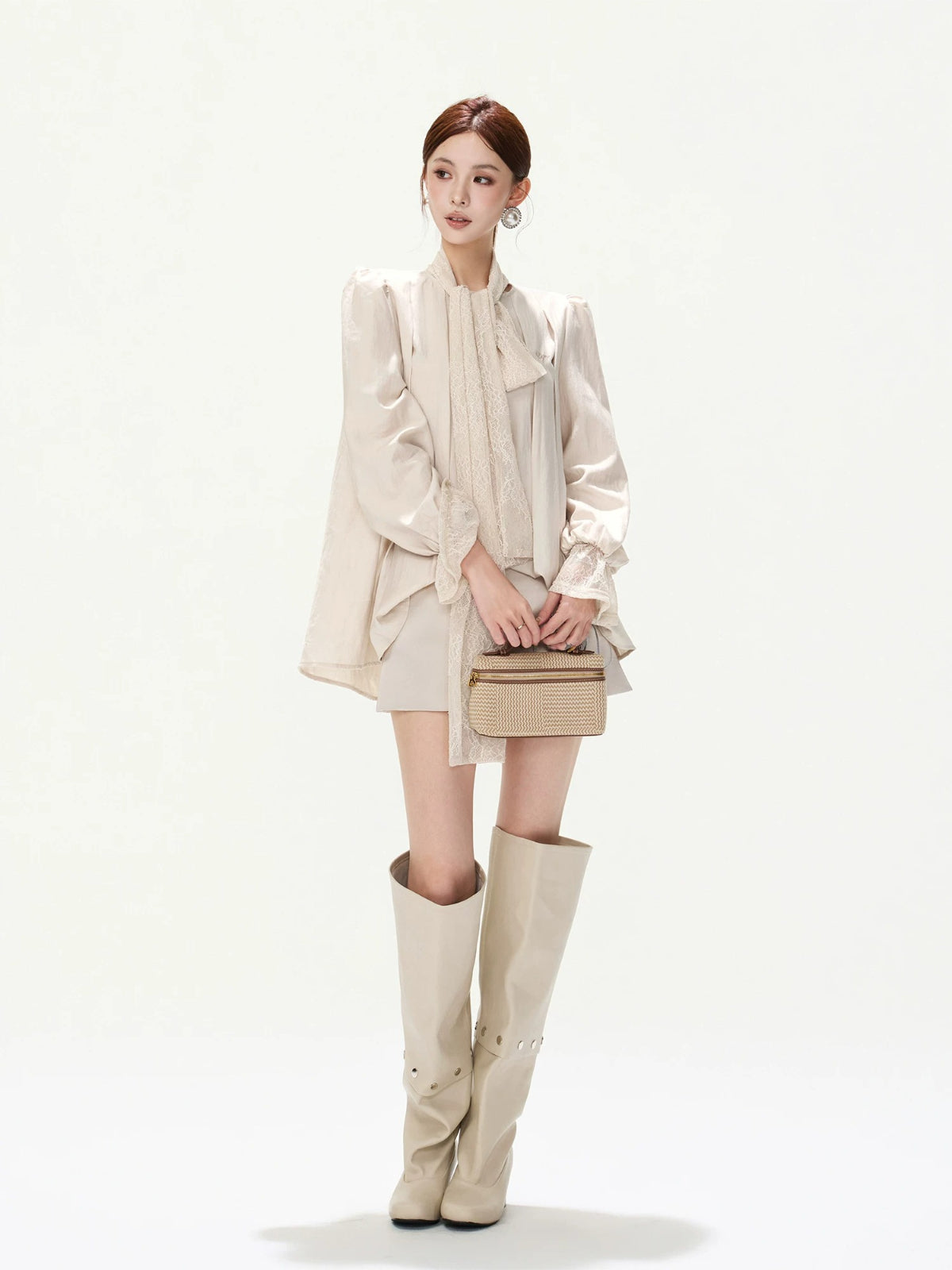 Lace Tie Pleated A-Line Blouse