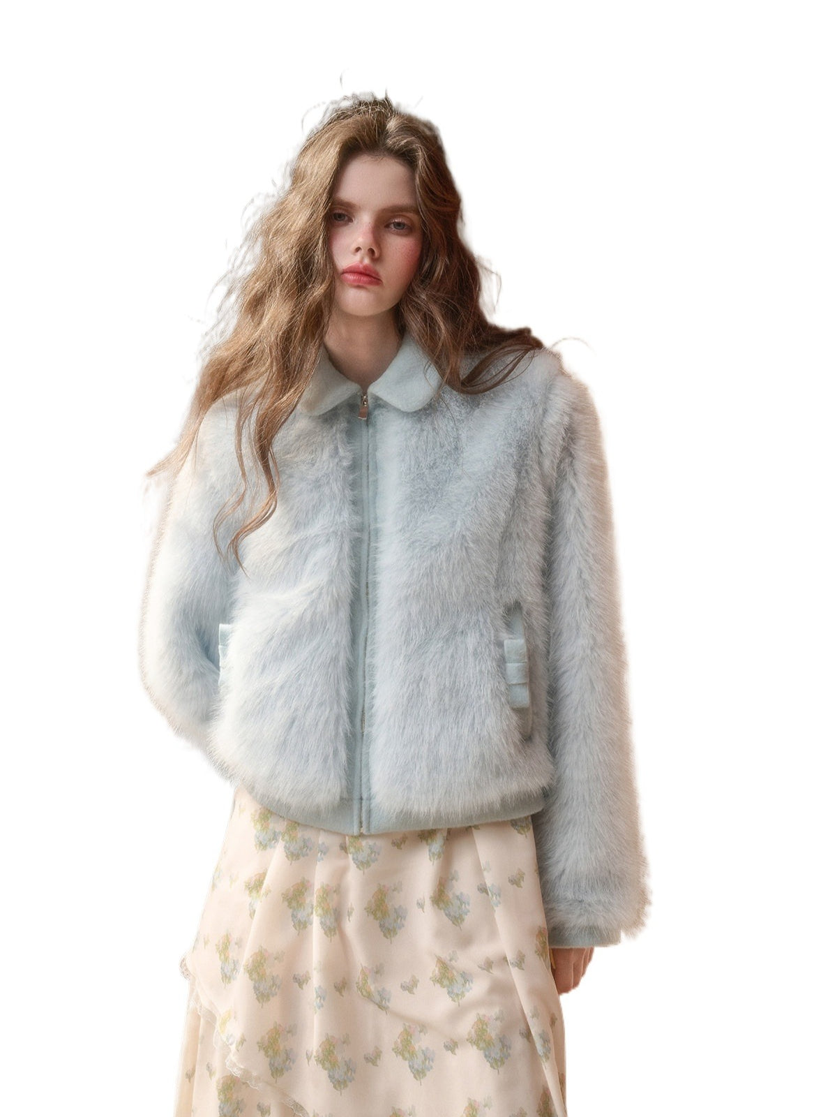 Blue Doll Collar Faux Fur Jacket