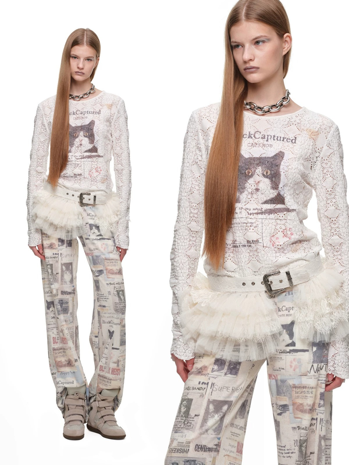 Cat Print Asymmetric Lace Set