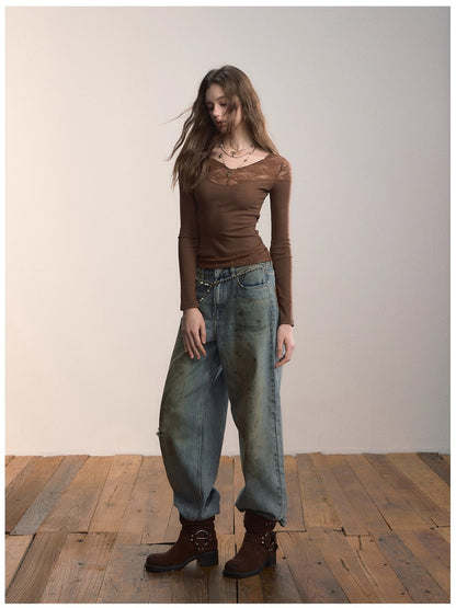 Lace-Trim V-Neck Long-Sleeve Knit Top