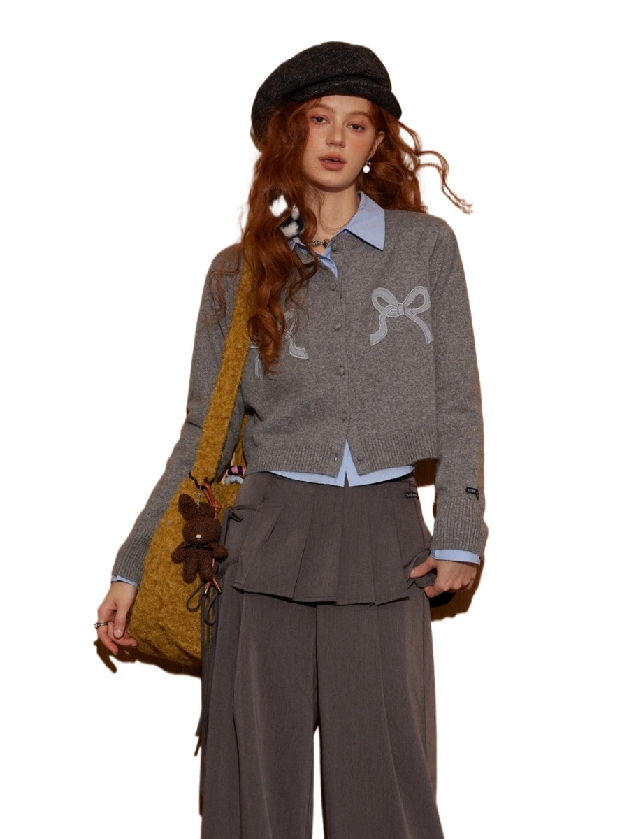 Bow Appliqué Round-Neck Knit Cardigan