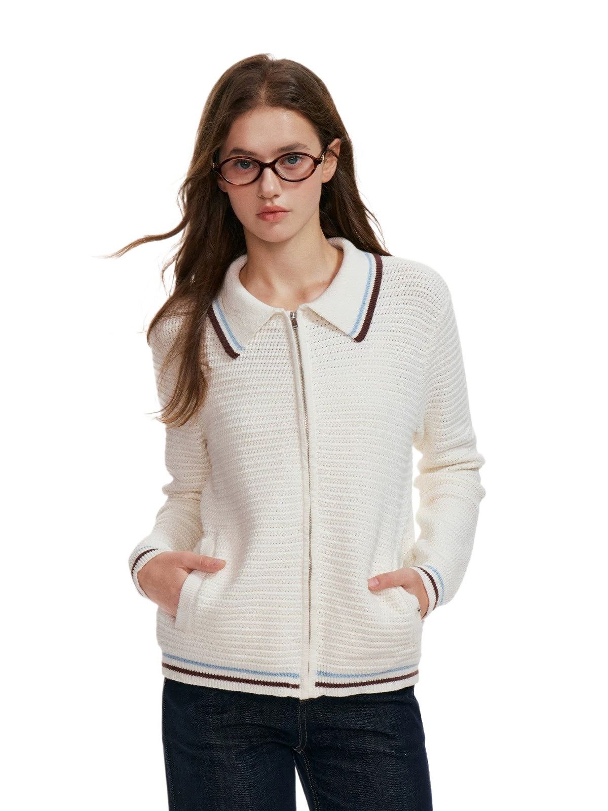 Contrast Stripe Cotton Zip Cardigan