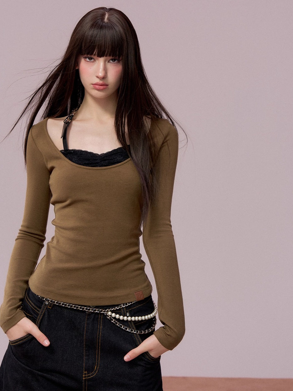 Lace-Panel Contrast Knit Top