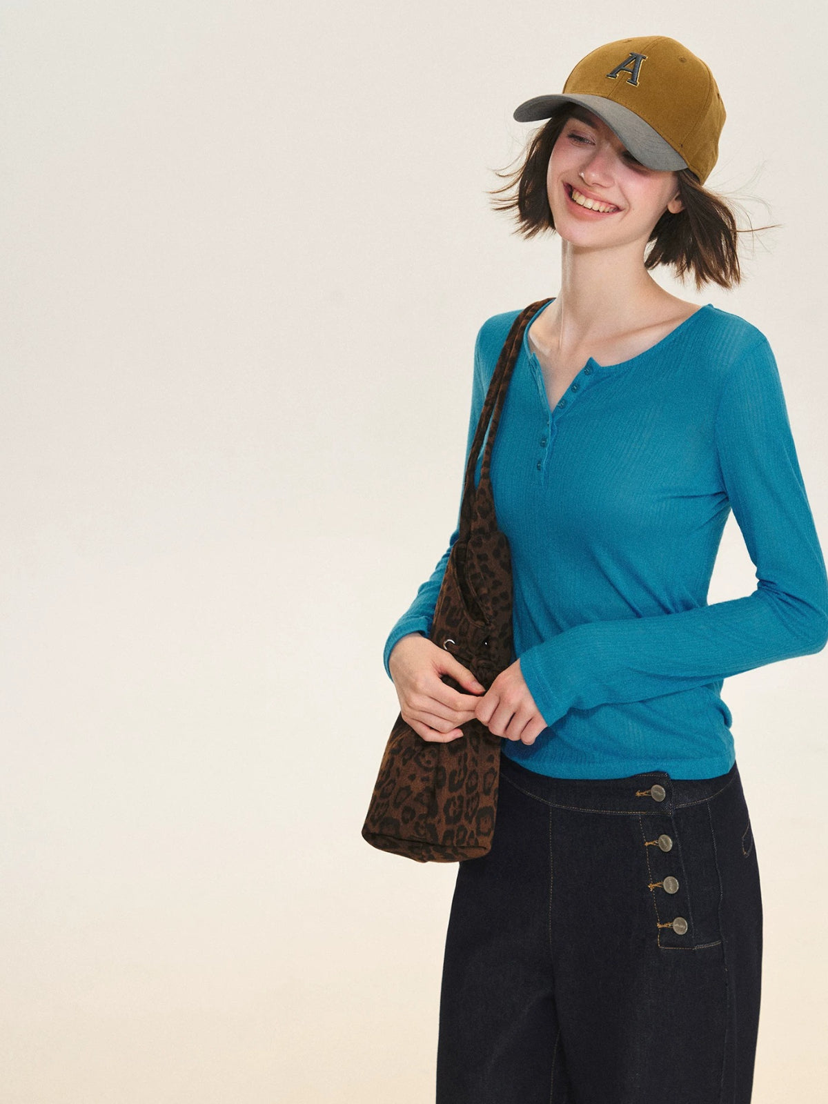 Ribbed Henley Long Sleeve Top