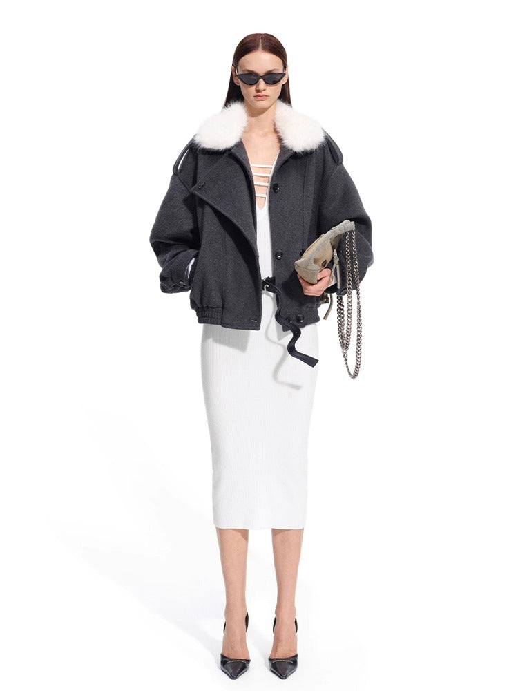 Faux Fox Fur Wool-Blend Aviator Jacket