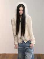 Fox Trim Hooded Knit Cardigan