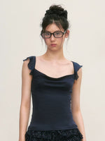 Navy Draped Flutter Sleeve Top