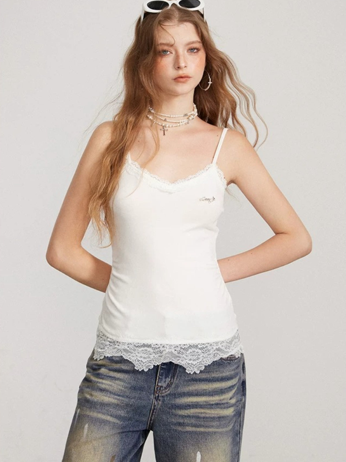 Lace Panel Long Camisole Top