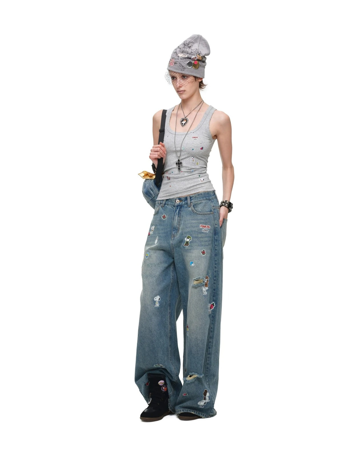 Sticker Print Wide Jeans