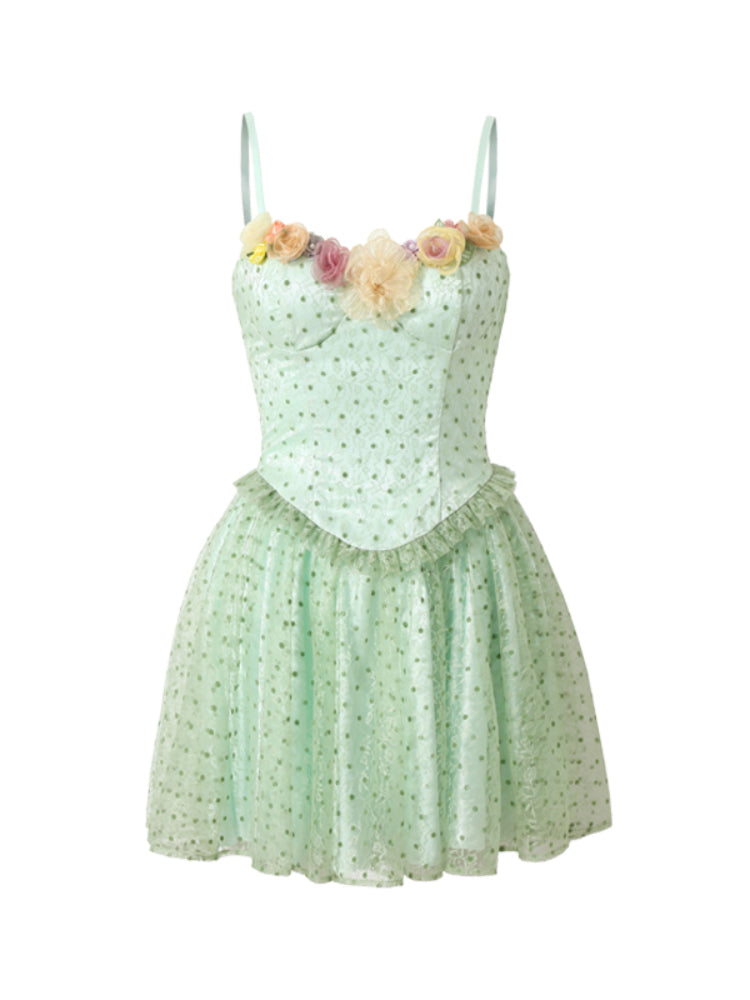 Polka Dot 3D Floral Mesh Strap Dress