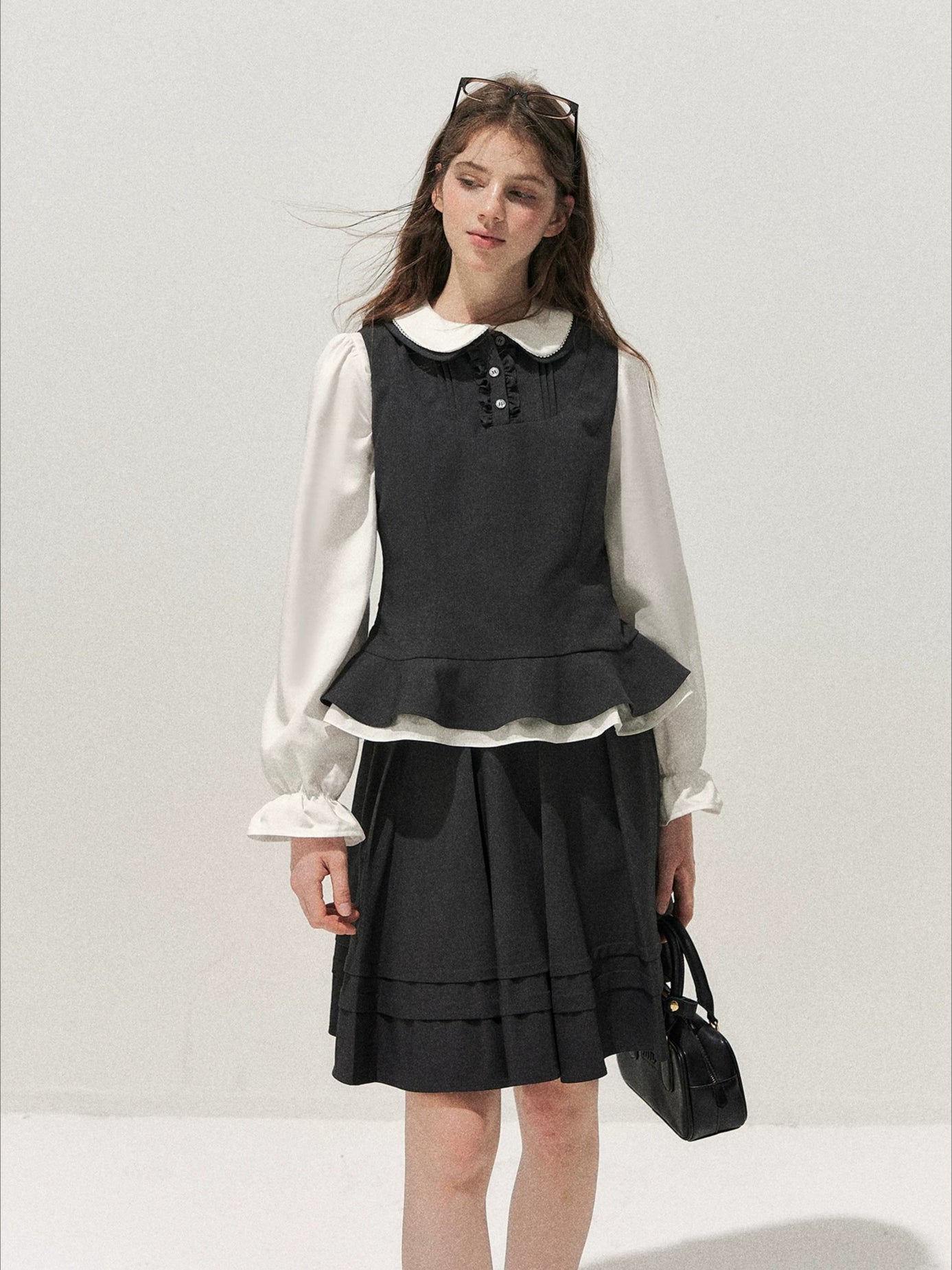 Lace-Trim Vest &amp; Pleated Skirt Set