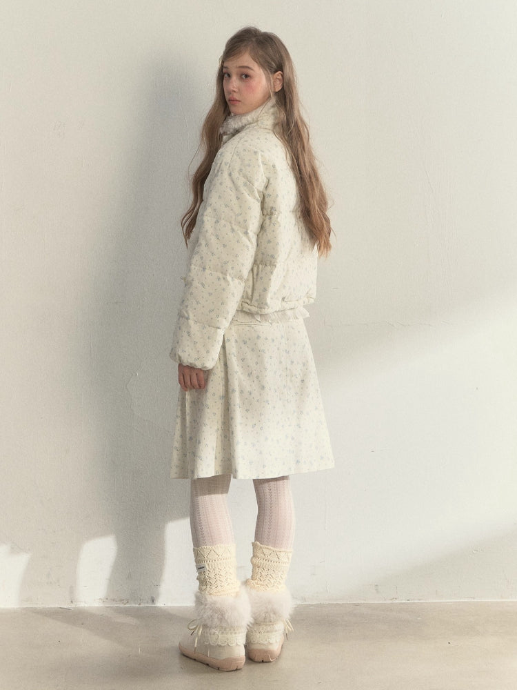 Floral Corduroy Down Jacket &amp; Pleated Skirt