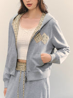 Gray Embroidered Zipper Hoodie& Checkered Pants Set