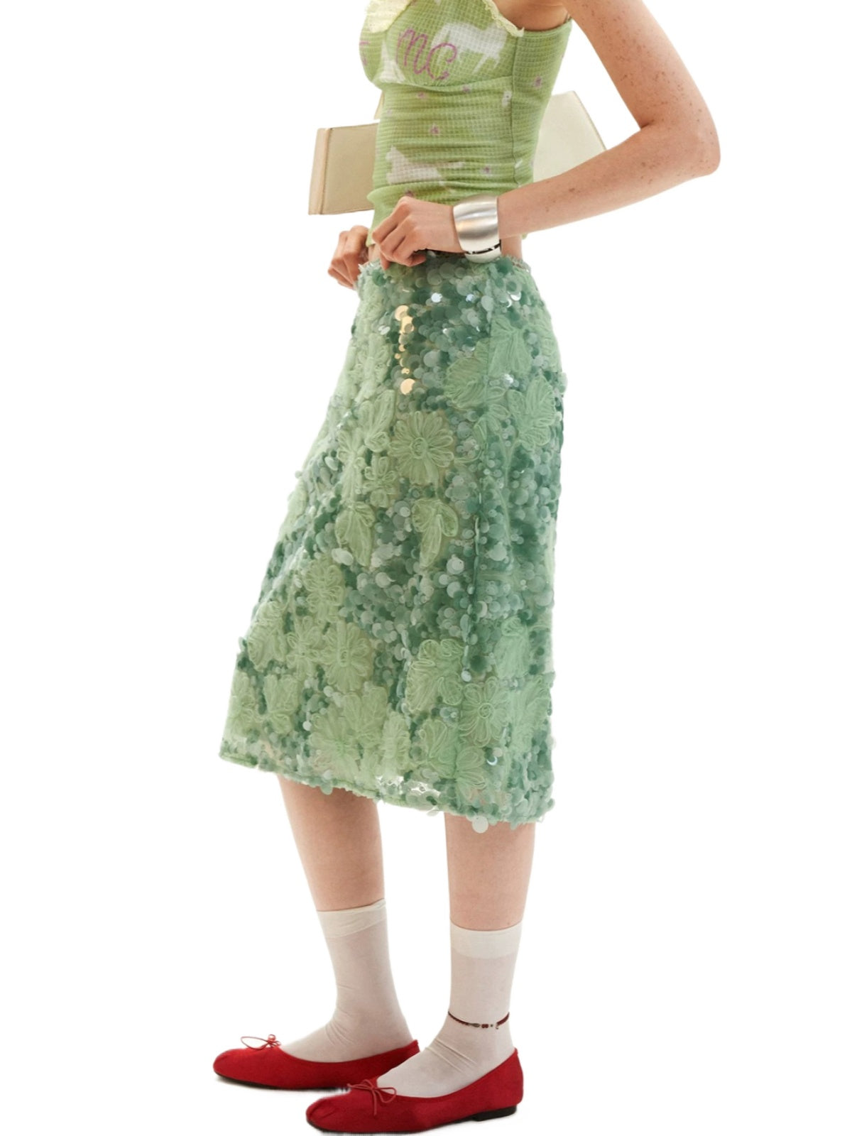 Mint Sequin Embroidered Midi Skirt